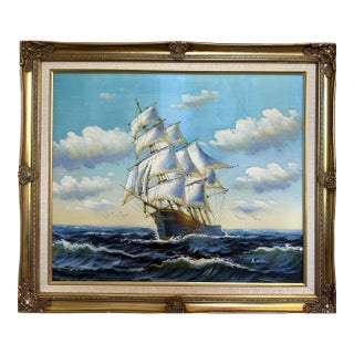 Oil Painting Sailing Ship Seascape Signed Maritime Art Ocean Waves Nautical For Sale