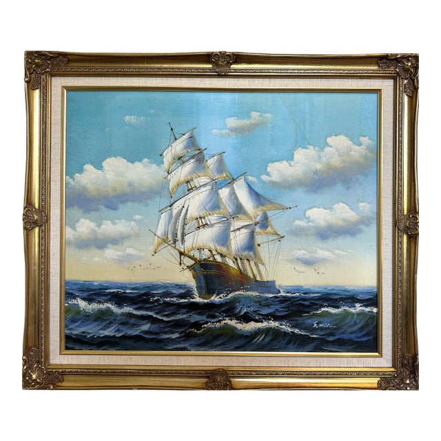 Oil Painting Sailing Ship Seascape Signed Maritime Art Ocean Waves Nautical For Sale