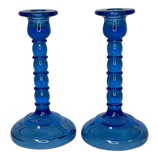 1940s Art Deco Indiana Glass Pressed Cobalt Blue Candle Holders - a Pair. For Sale