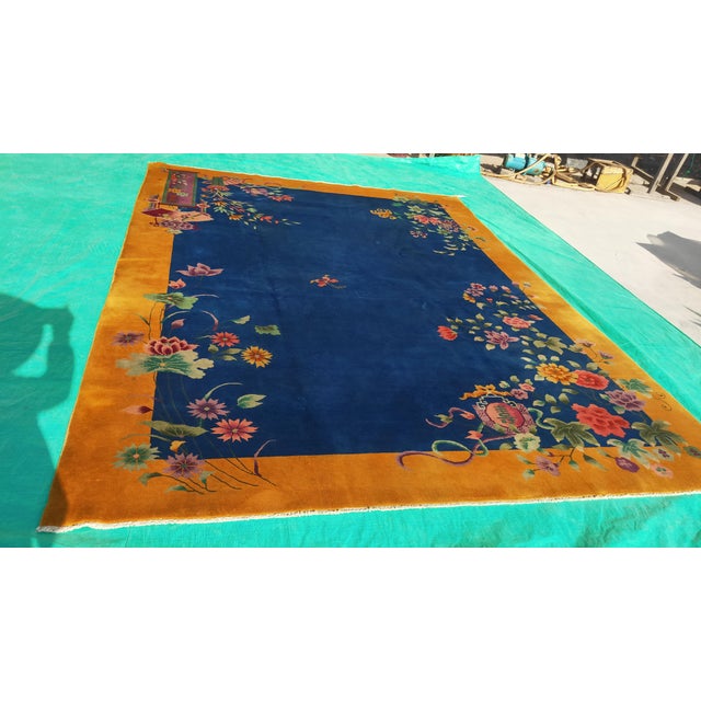 1920s Royal Blue Floral Antique Chinese Art Deco Rug 8'9" X 11'4" Handknotted Wool Carpet For Sale - Image 4 of 6