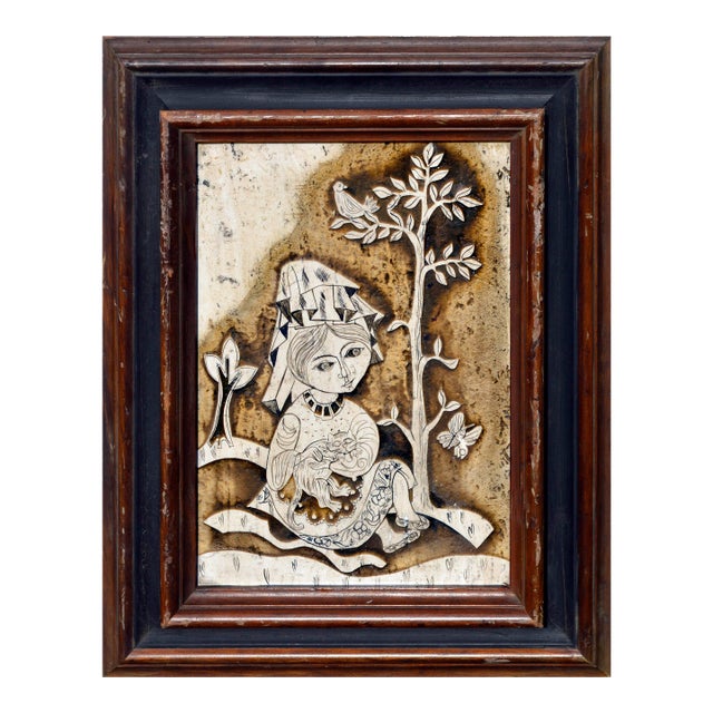 Mid Century Carved Figurative Girl and Kitten by Rodney Winfield For Sale