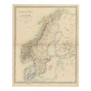 Antique Map of Sweden with Norway and Denmark with the Malström, 1858 For Sale