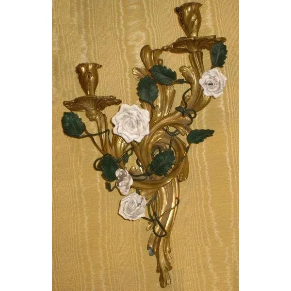 Pair of Louis XV Style Gilt Bronze Sconces with Porcelain Flowers Stock Number: L122