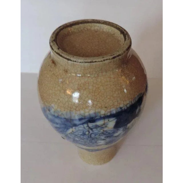 19th Century Chinese Blue & White Crackle Glaze Porcelain Landscape Decoration & Foo Dog Handle Vase For Sale - Image 9 of 11