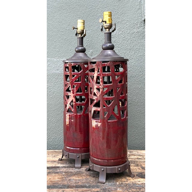 Metal Vintage Glazed Ceramic Table Lamps - A Pair For Sale - Image 7 of 12