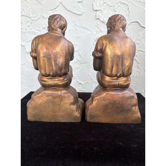 Metal Vintage Bronze-Tone Seated Boy Figural Bookends, Art Deco Style, C. 1920s–1930s (Pair) For Sale - Image 7 of 9