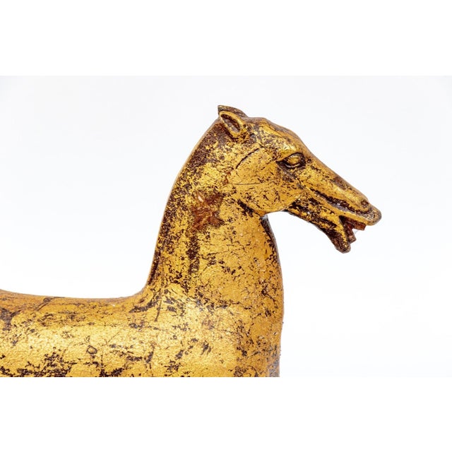 Vintage Chinese Gilt Han Style Wood Horse Bust on Stand For Sale - Image 4 of 7