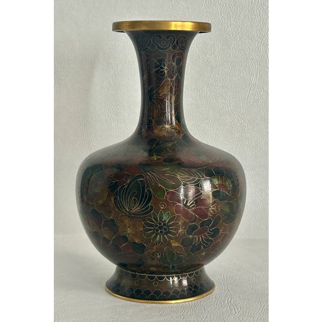 Vintage Cloisonné Vase Earth Tones With Carved Wooden Base For Sale - Image 14 of 16