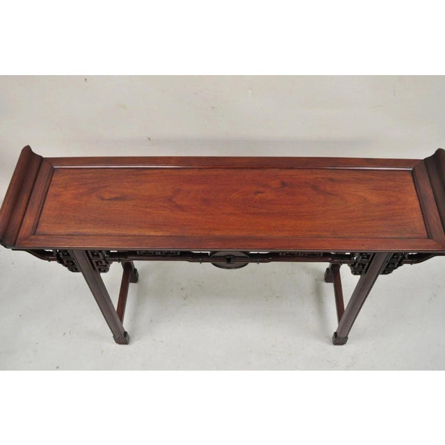 Vintage Chinese Oriental Fretwork Carved Hardwood Altar Console Hall Table For Sale In Philadelphia - Image 6 of 12