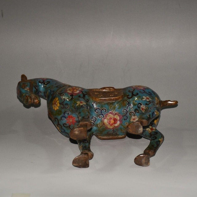 This is a striking and substantial matching pair of vintage Chinese cloisonné sculptures depicting the classic Tang...