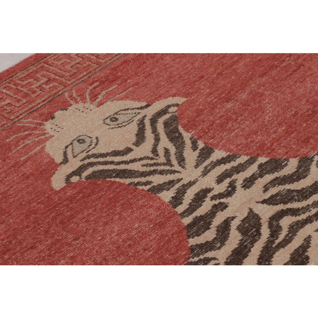 Traditional Rug & Kilim’s Distressed Tiger Rug in Red With Beige and Brown Pictorial For Sale - Image 3 of 9