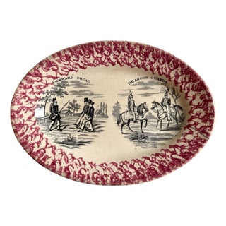 Antique Red Transfer & Sponge Ware Platter Awkward Squad/ Dragoon Guards Military For Sale