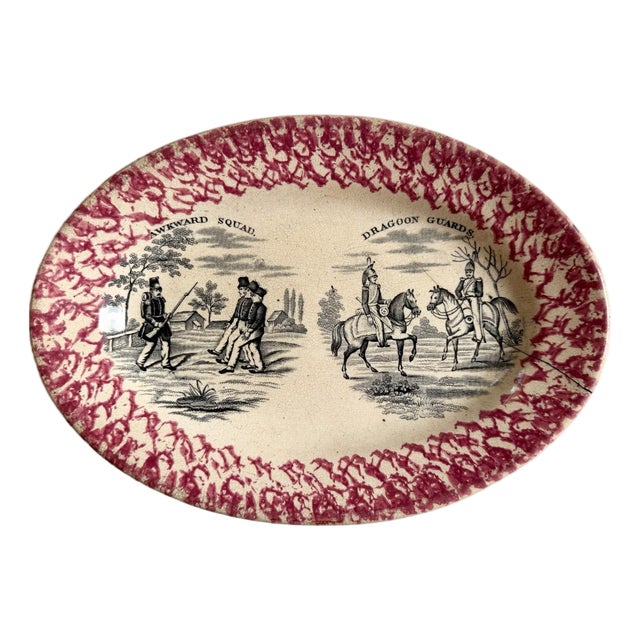 Antique Red Transfer & Sponge Ware Platter Awkward Squad/ Dragoon Guards Military For Sale