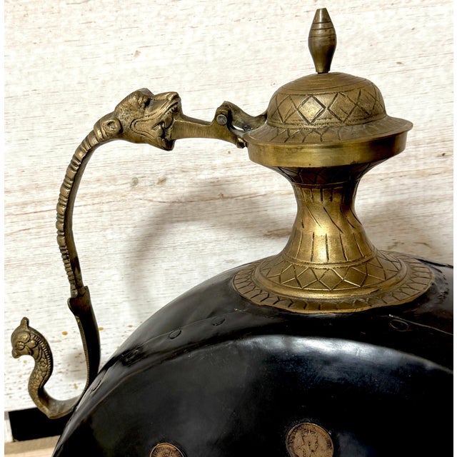 Pair of Anglo-Indian Cast & Engraved Brass Ewers, Black Enamel & British Coins For Sale - Image 12 of 12