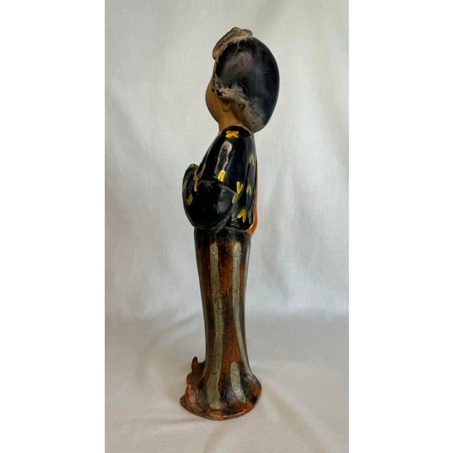 Ebony Vintage Asian Female Chinese Tang Dynasty Figurine in Black, Orange and Tan For Sale - Image 8 of 9