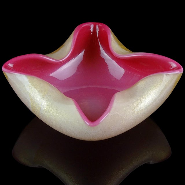 Mid-Century Modern Murano Vintage Seguso Gold Flecks White Deep Pink Italian Art Glass Folded Over Rim Bowl Dish For Sale - Image 3 of 5