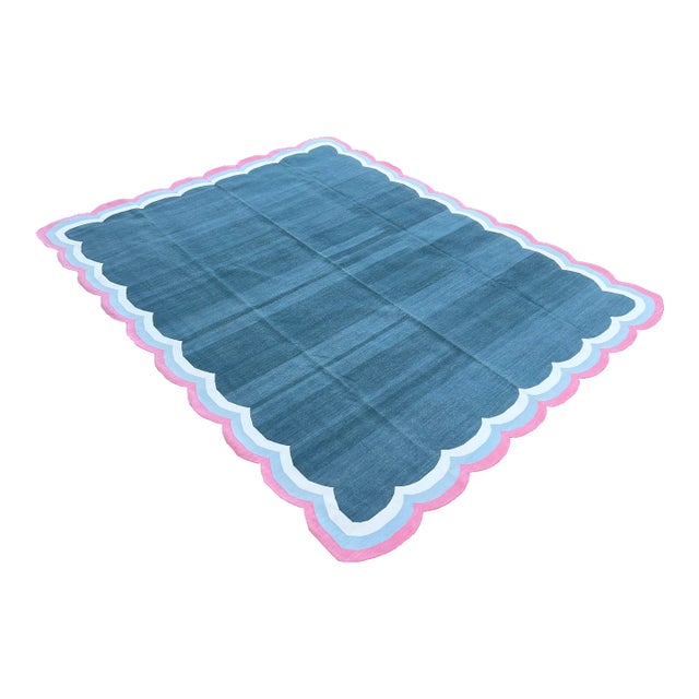 Handmade Cotton 4 Sided Scalloped Rug Celadon Blue With Cream and Pink Border - 8'x10' For Sale