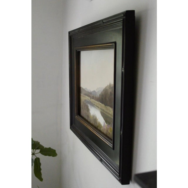 Contemporary A Kind of Paradise by Mo Myra | Watercolor on Paper Landscape with a Pond and Mountains For Sale - Image 3 of 3