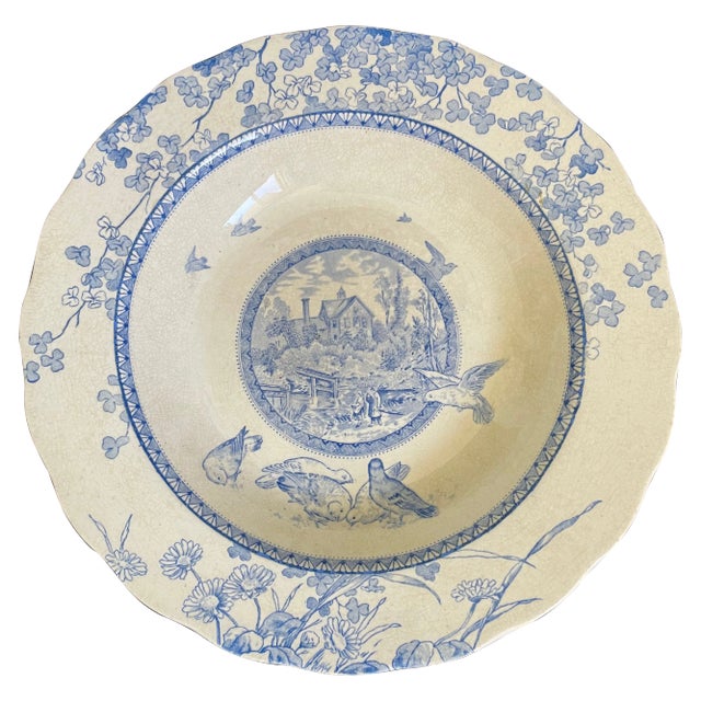 Antique Staffordshire Blue and White Ironstone "Woodland" Bowl by William Brownfield & Sons For Sale