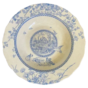 Antique Staffordshire Blue and White Ironstone "Woodland" Bowl by William Brownfield & Sons
