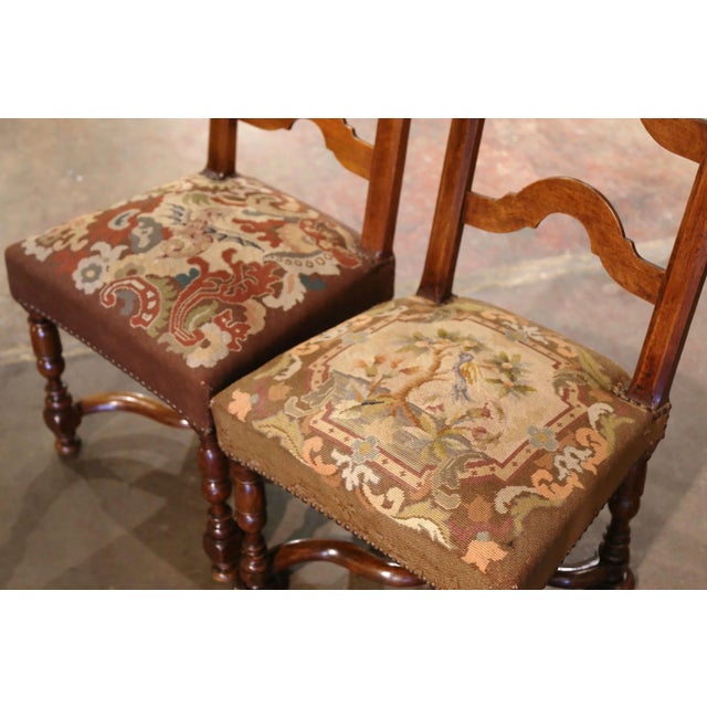 French Pair of 19th Century French Louis XIV Walnut Chairs With Needlepoint Seats For Sale - Image 3 of 10