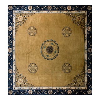 1890s Tan Camel Medallion Antique Chinese Peking Rug 13'4" X 14'0" Handknotted Wool Carpet For Sale