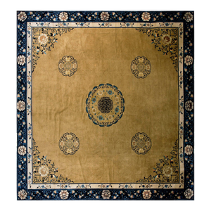 1890s Tan Camel Medallion Antique Chinese Peking Rug 13'4" X 14'0" Handknotted Wool Carpet
