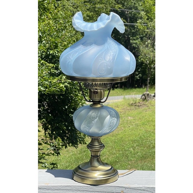 Rare Vintage Ice Blue Satin Frost Fenton Paisley Glass Table Lamp 20th C. For Sale - Image 12 of 18