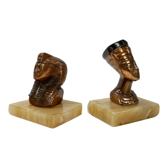 Vintage Egyptian King Tut and Queen Nefertiti Busts on Stone Bases, a Pair For Sale