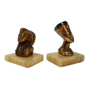 Vintage Egyptian King Tut and Queen Nefertiti Busts on Stone Bases, a Pair