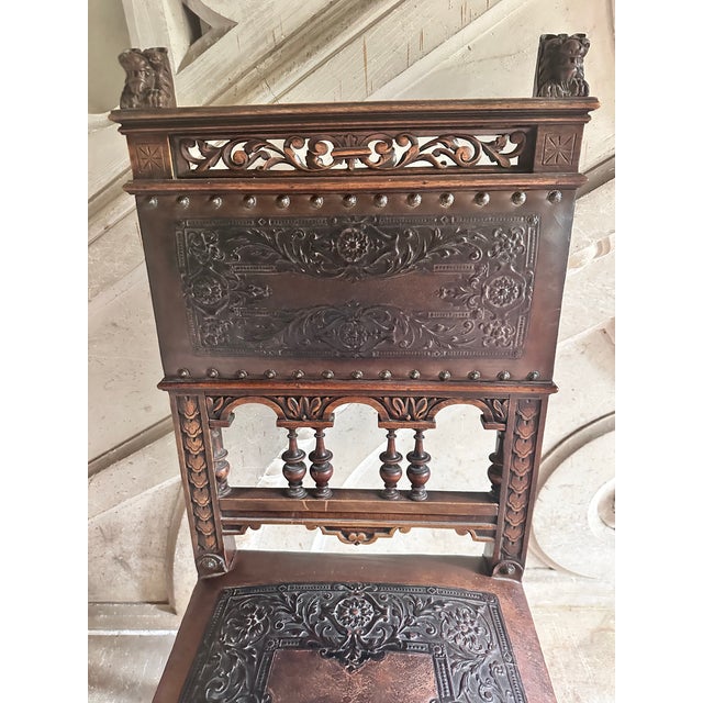Set of 3 Antique French Henri I| Walnut Wood & Leather Dining Chairs, Ornate Lion Carvings, Loire Valley, 1880 For Sale - Image 4 of 8