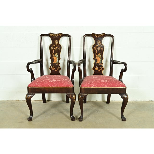 Henredon Chinoiserie Queen Anne Hand Painted Oak and Burl Wood Armchairs, Pair For Sale - Image 14 of 14