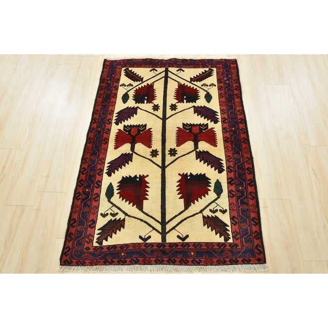 Cabin Zanjan Rug 3'6'' X 5'1'' Ivory Wool Vintage Tribal Hand-Knotted Oriental Carpet For Sale - Image 3 of 13