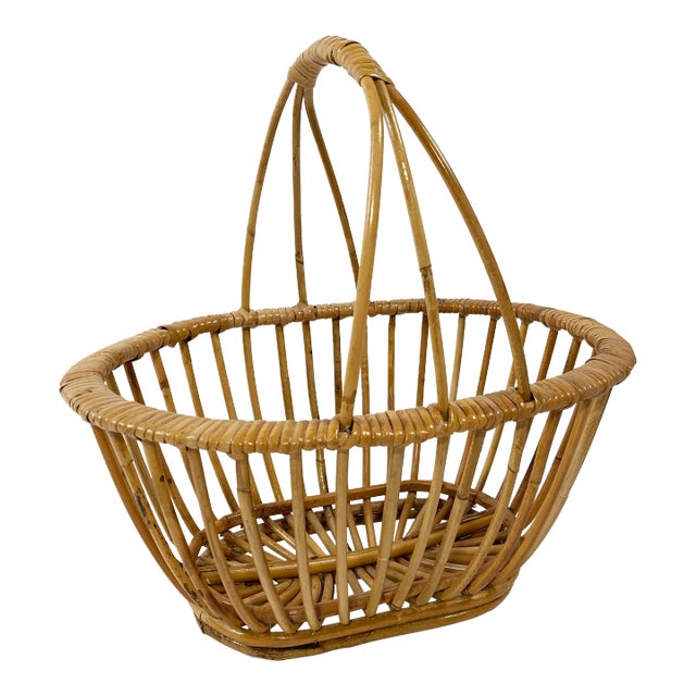 Vintage Rattan Handled Basket For Sale