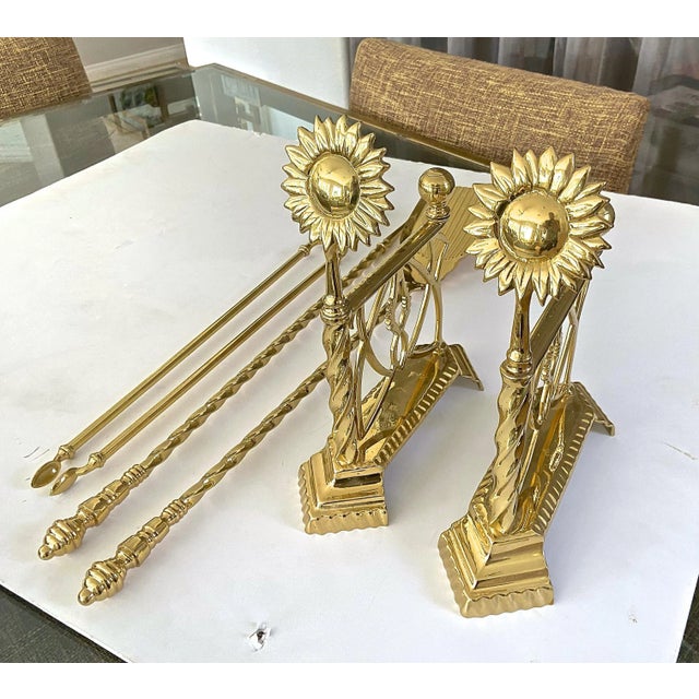 Aesthetic English style andirons fireplace set including andirons and 3 tools (no stand), The andirons have a sunflower...
