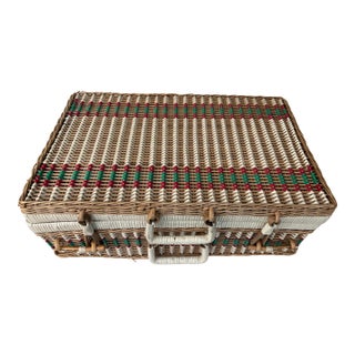 Vintage Wicker and Vinyl Rattan Picnic Basket Red Green and White Picnic Basket Suitcase For Sale