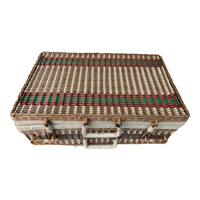 Vintage Wicker and Vinyl Rattan Picnic Basket Red Green and White Picnic Basket Suitcase For Sale