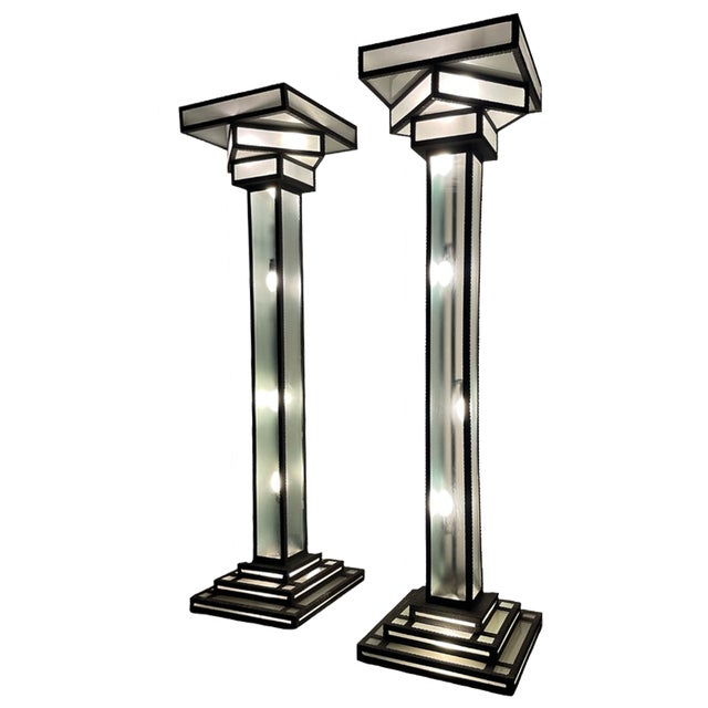 Large Art Deco Floor Lamps Hotel Hammered Iron and Glass, France, 1930s, Set of 2 For Sale