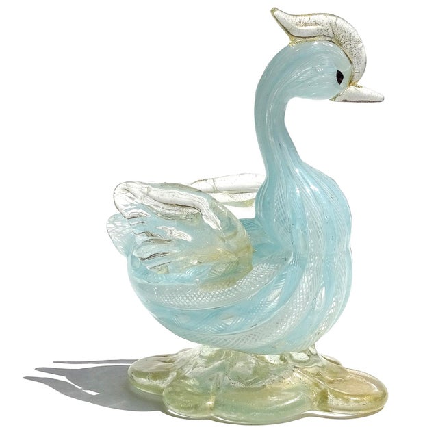 Beautiful, and very cute, vintage Murano hand blown sky blue and white Italian art glass bird or duck sculpture. The...