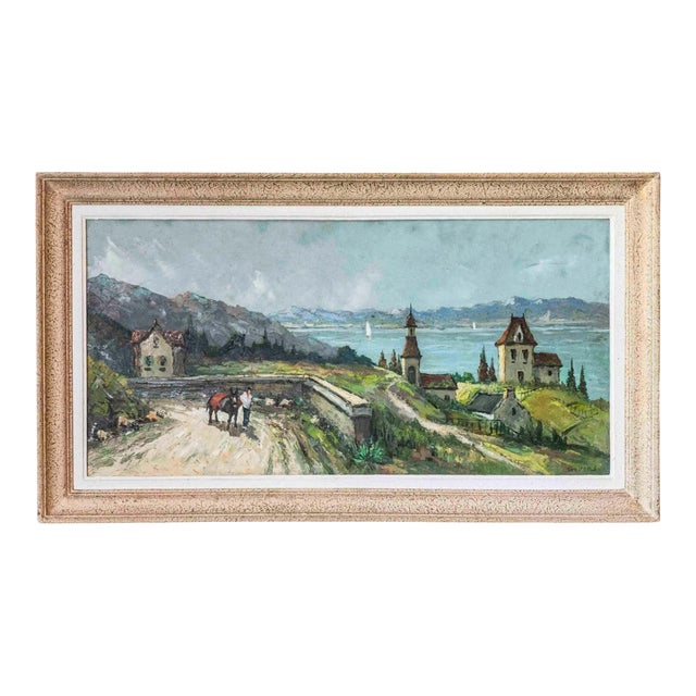 Stevens, Southern European Lakeside Landscape, Oil on Canvas, Mid-20th Century For Sale