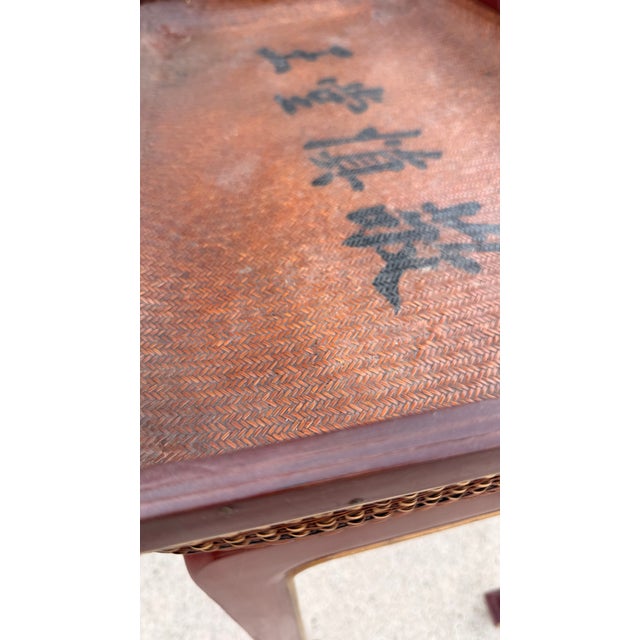 Vintage Chinese Red Lacquer & Woven Rattan Removable Tray Table With Calligraphy For Sale - Image 13 of 14
