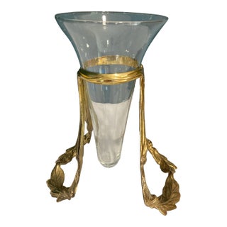 1990s Brass & Glass Ornate Table Vase For Sale