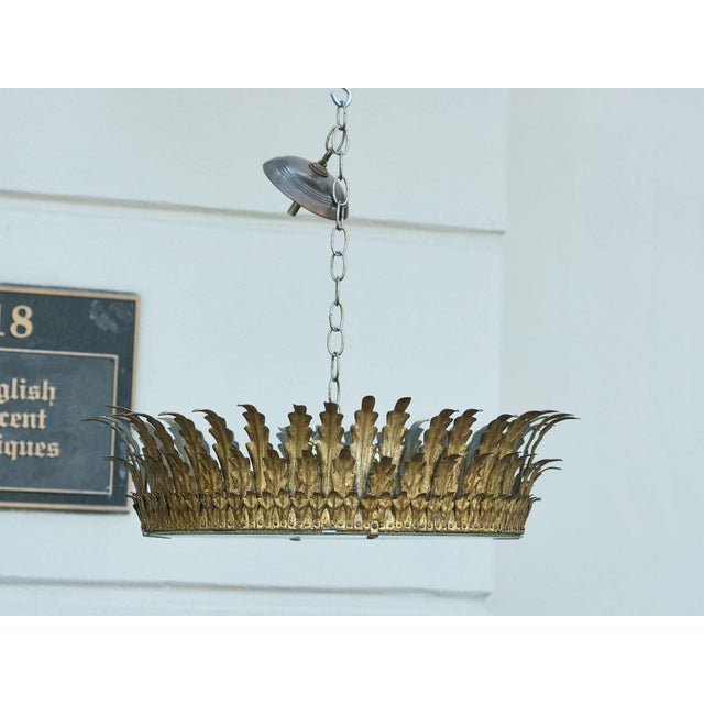 Mid 20th Century Spanish Midcentury Gilt Metal Semi-Flush Crown Chandelier with Tiered Foliage For Sale In Atlanta - Image 6 of 12