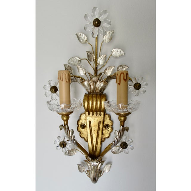 Early 20th Century Early 20th Century Banci Gilt & Silvered Bronze Sconces, Italian With Rock Crystal Floral Motif Design -Pair For Sale - Image 5 of 18
