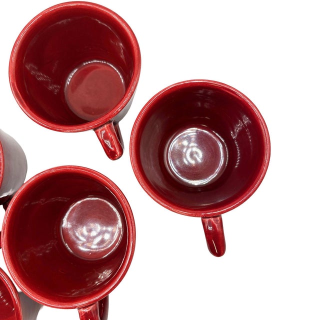 1950s 1950s Mid-Century Modern Burgundy "La Linda" Ceramic Coffee Mug W/ Saucer by Bauer, Set of 5 For Sale - Image 5 of 7