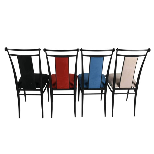 Set of 4 Postmodern Faux Suede Dining Chairs in Mixed Colors With Black Metal Frames For Sale - Image 4 of 4