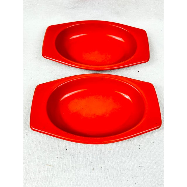 Mid 20th Century Vintage Mid-Century Modern 1960s Dynasty Ware Red Enamel Baking Serving Dishes Wicker Holders-a Pair For Sale - Image 5 of 11