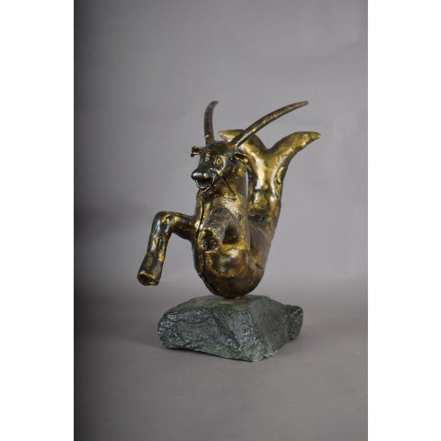 Bronze Capricorn Sculpture, Signed Faust 1994 — Mythical Zodiac Form on Stone Base For Sale - Image 13 of 14