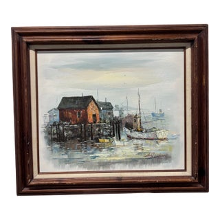 This Is an Original Oil on Canvas Nautical Harbor and Dock Scene Signed by Listed British Marine Artist Alan Simpson (1941–2007), For Sale