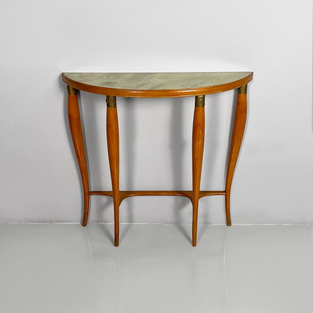 Italian mid-century modern console in wood and green back-painted glass, 1950s Wall console table with a semicircle green...